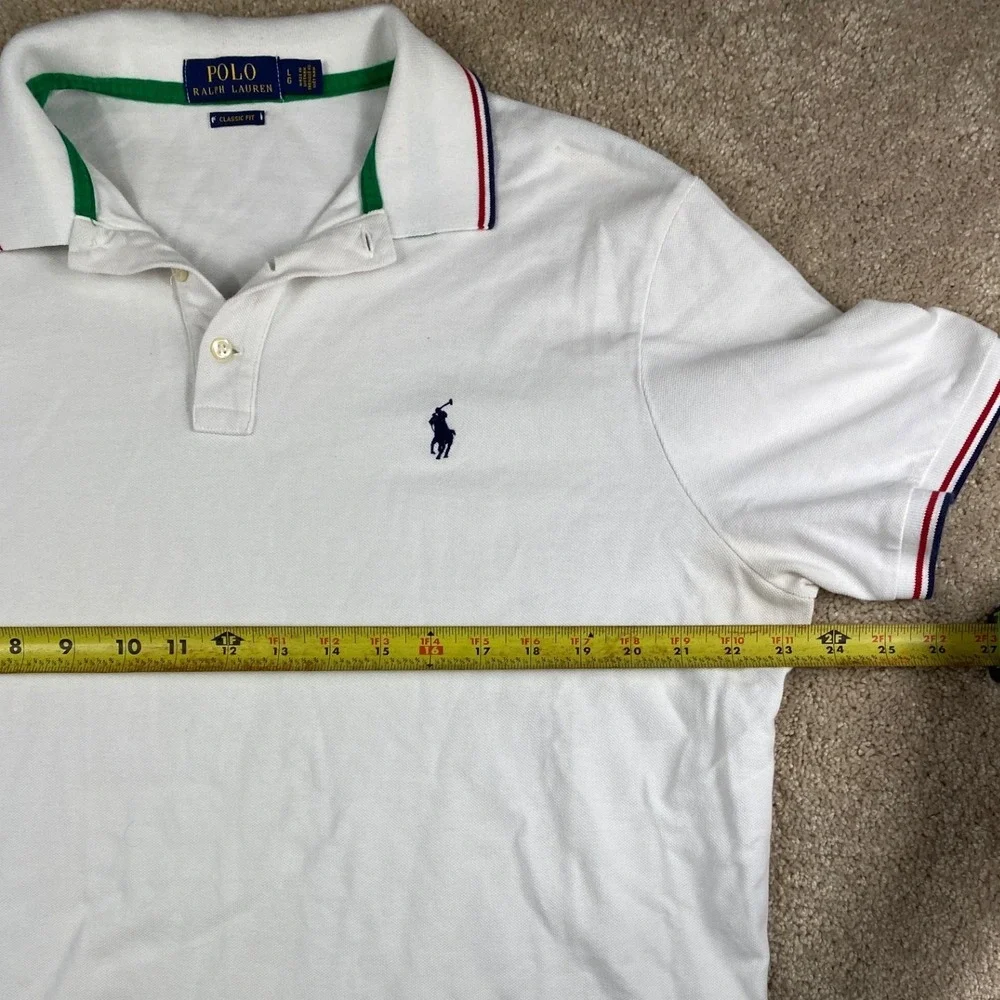 Polo Ralph‎ Lauren Mens White Classic Fit Pique Polo Shirt Large Red Blue Trim